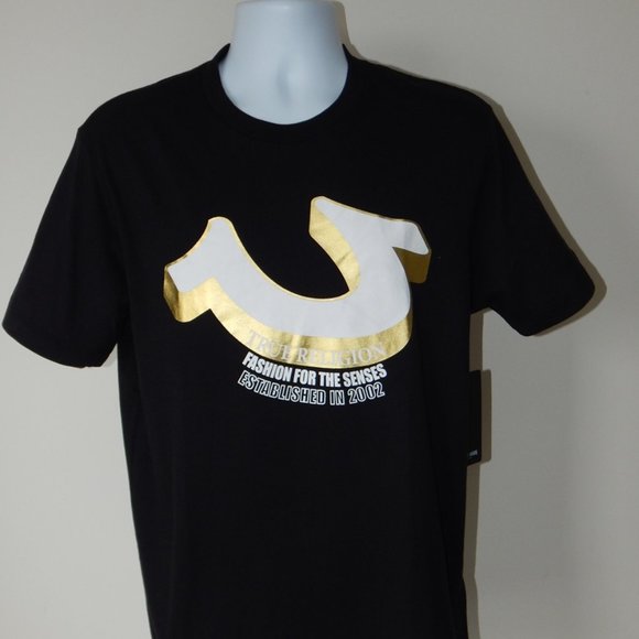 NWT Men’s TRUE RELIGION Slanted Foil 3D Horseshoe Crewneck Black T Shirt - Picture 2 of 5